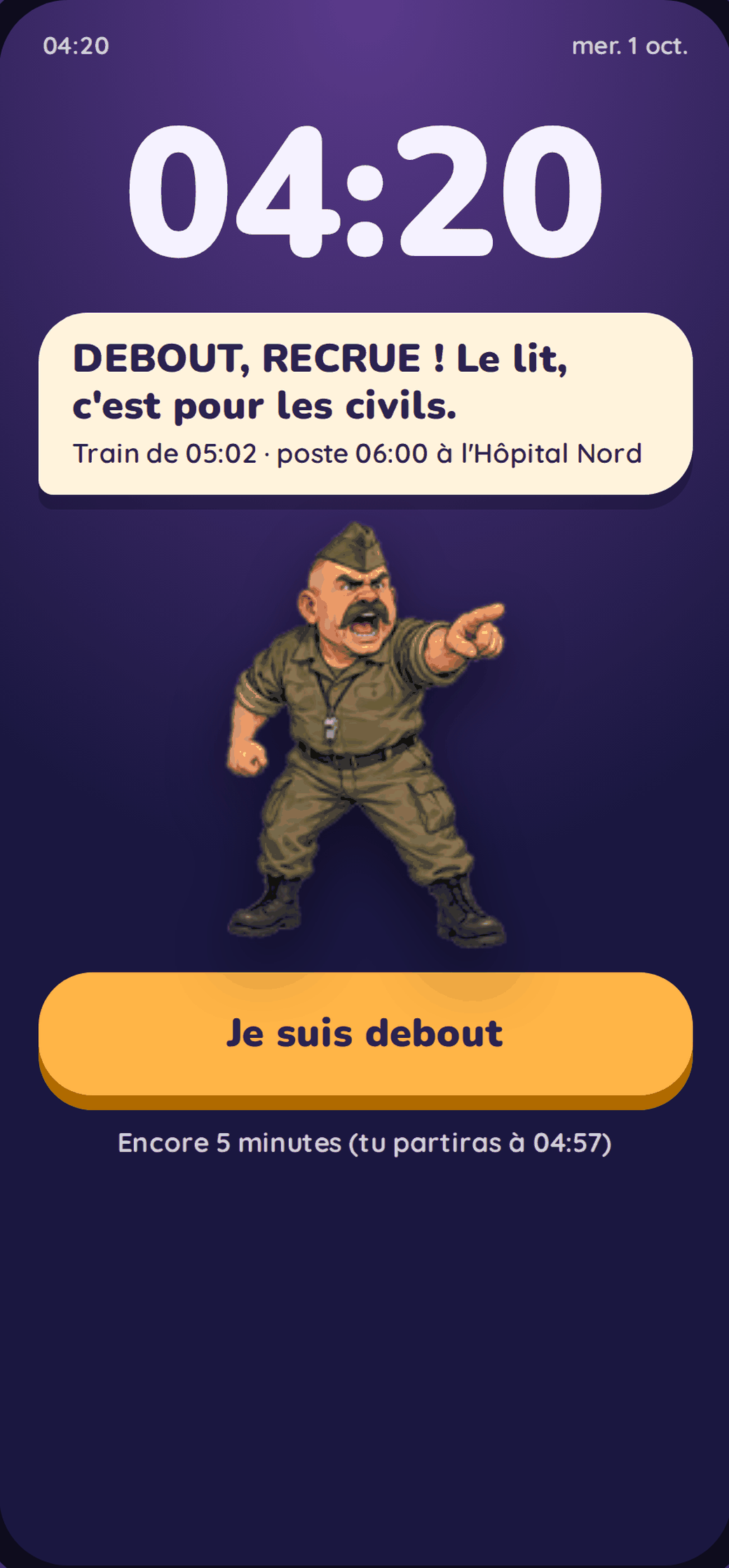 L'écran de réveil : l'heure, le compagnon qui parle dans sa bulle avec le train et la prise de poste, et le bouton Je suis debout.