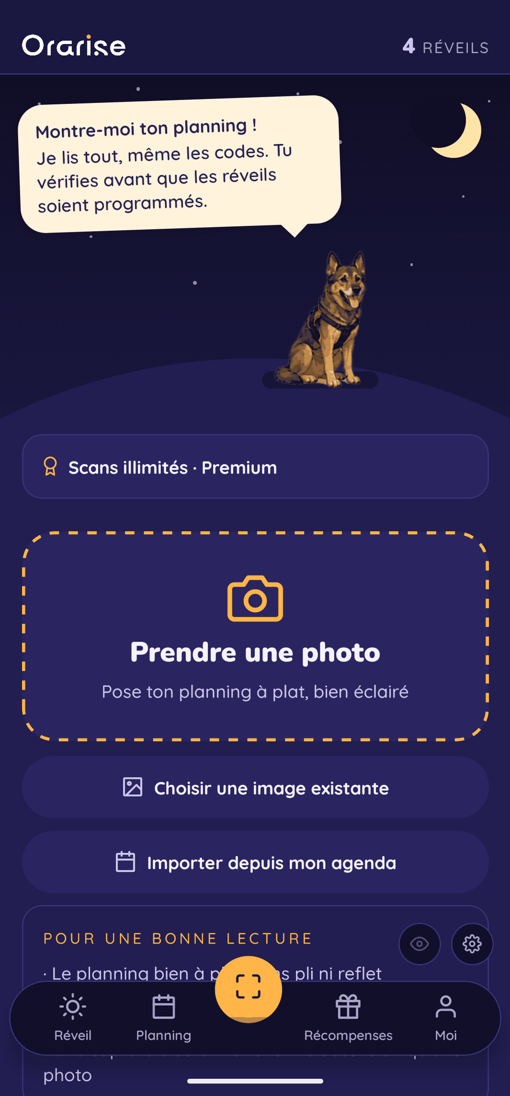 L'écran Scanner : le compagnon demande une photo du planning ; on peut aussi choisir une image existante ou importer depuis son agenda.
